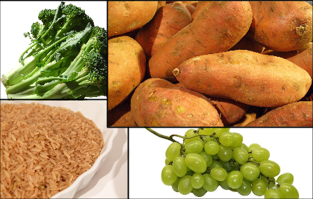 broccoli sweet potato grape brown rice stock photo